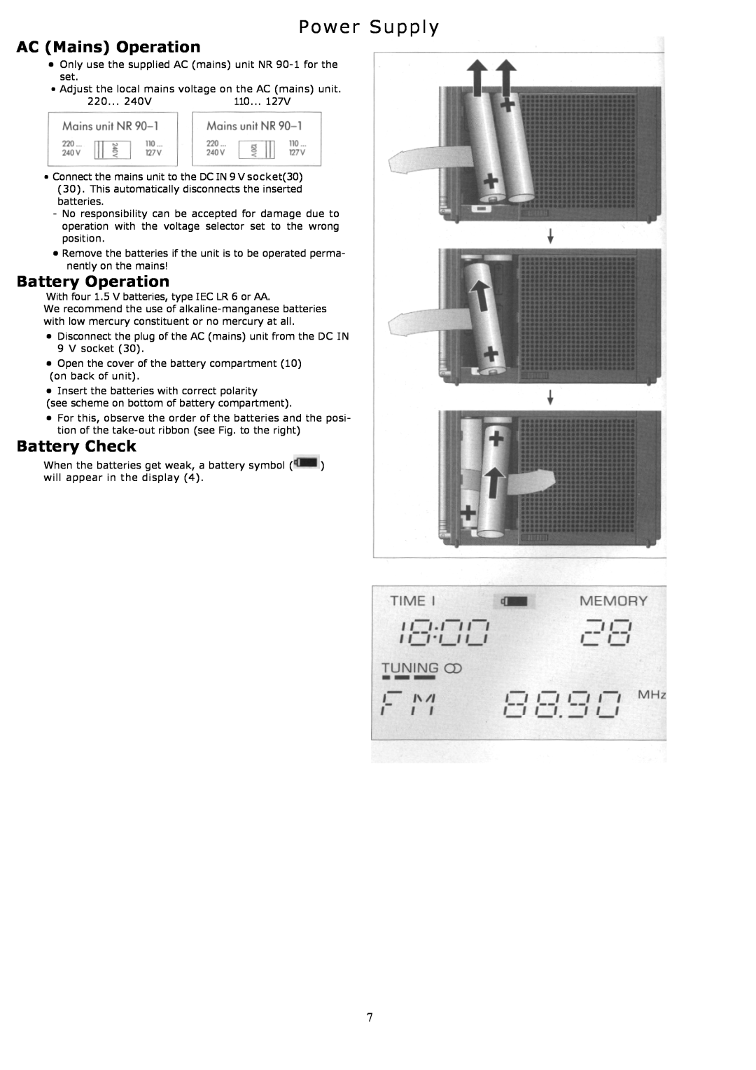 Grundig YB500 owner manual Power Supply, AC Mains Operation, Battery Operation, Battery Check 