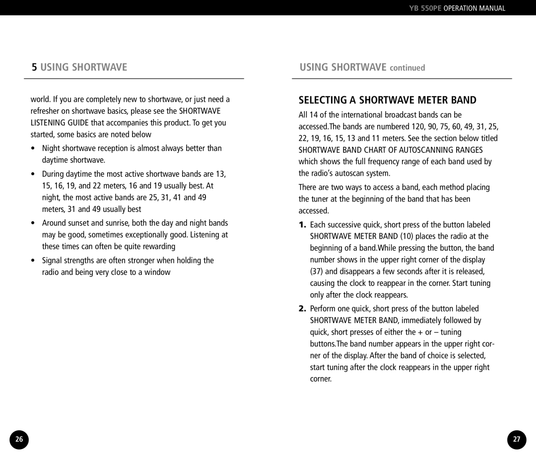 Grundig YB550PE operation manual Using Shortwave, Selecting a Shortwave Meter Band 