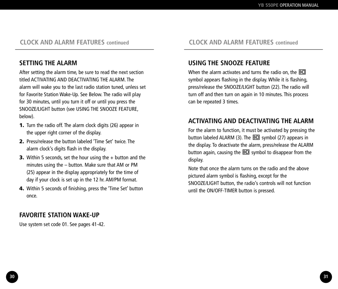 Grundig YB550PE operation manual Setting the Alarm, Favorite Station WAKE-UP, Using the Snooze Feature 