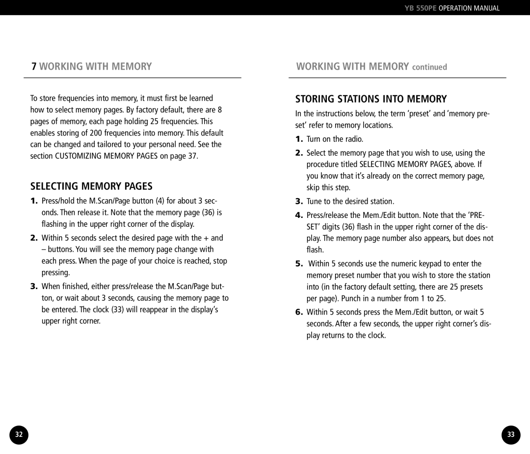 Grundig YB550PE operation manual Working with Memory, Selecting Memory Pages, Storing Stations Into Memory 