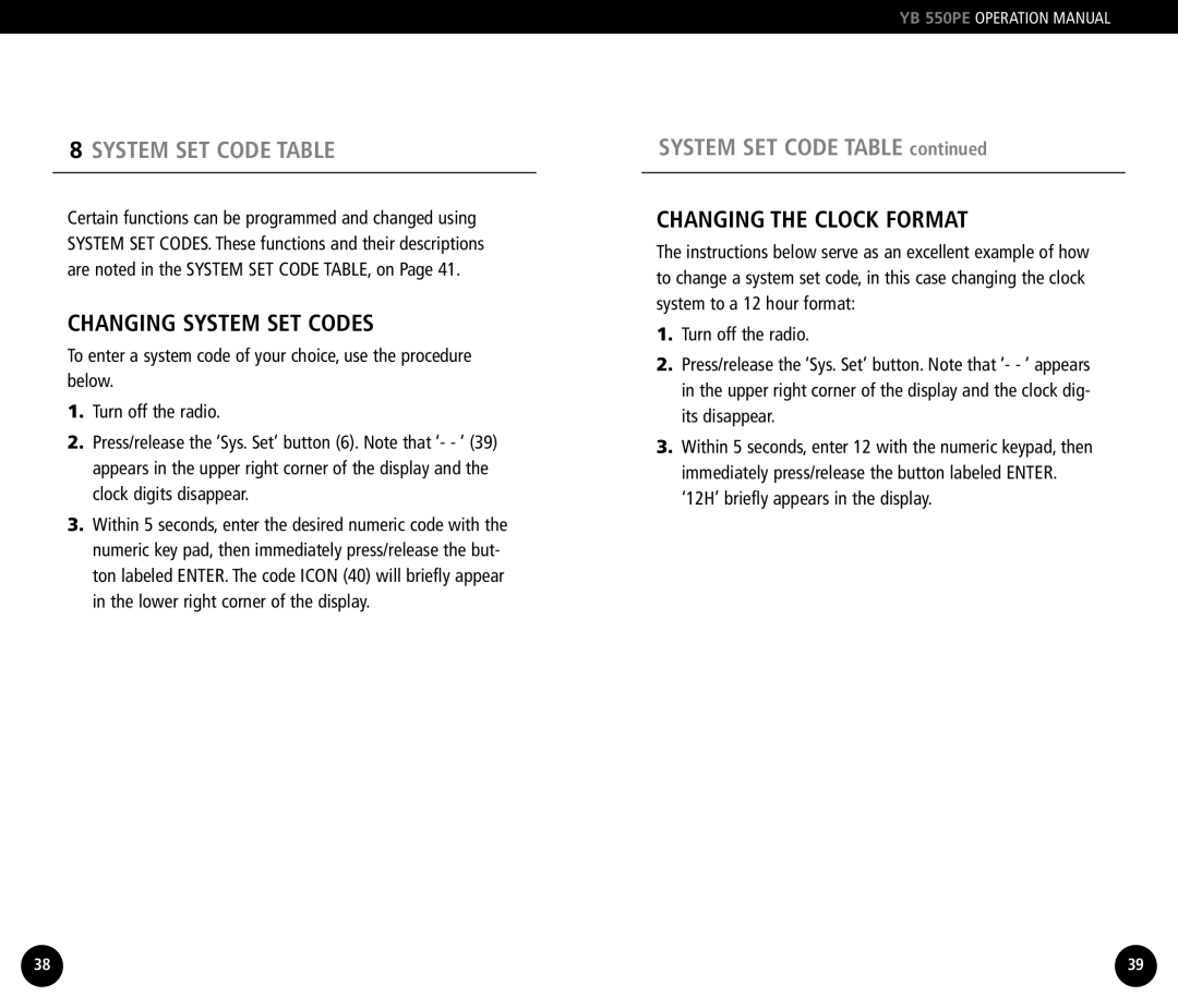 Grundig YB550PE operation manual System SET Code Table, Changing System SET Codes, Changing the Clock Format 