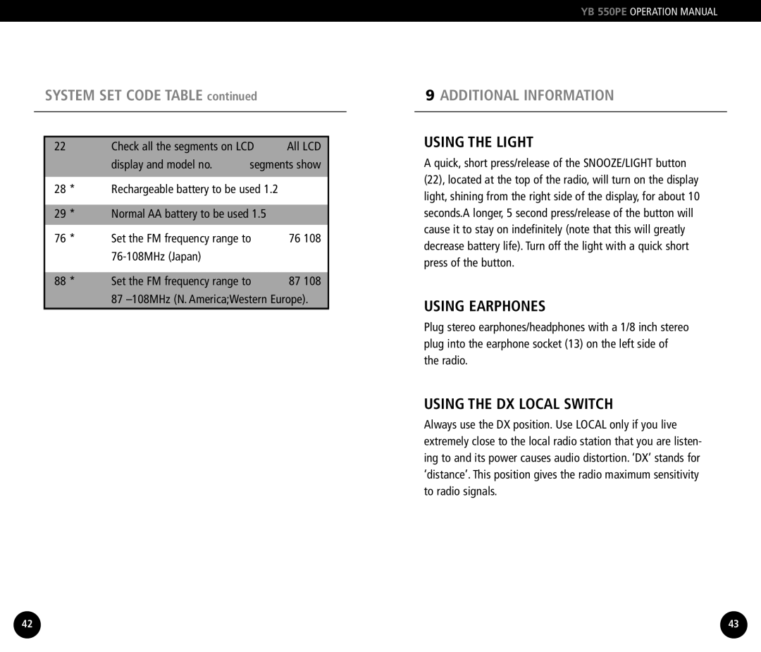 Grundig YB550PE operation manual Additional Information, Using the Light, Using Earphones, Using the DX Local Switch 