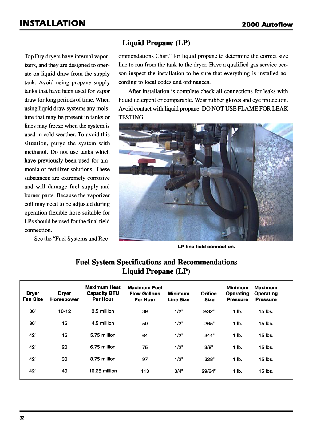 GSI Outdoors 2TFC, 2TAF Liquid Propane LP, Fuel System Specifications and Recommendations, Installation, Autoflow 