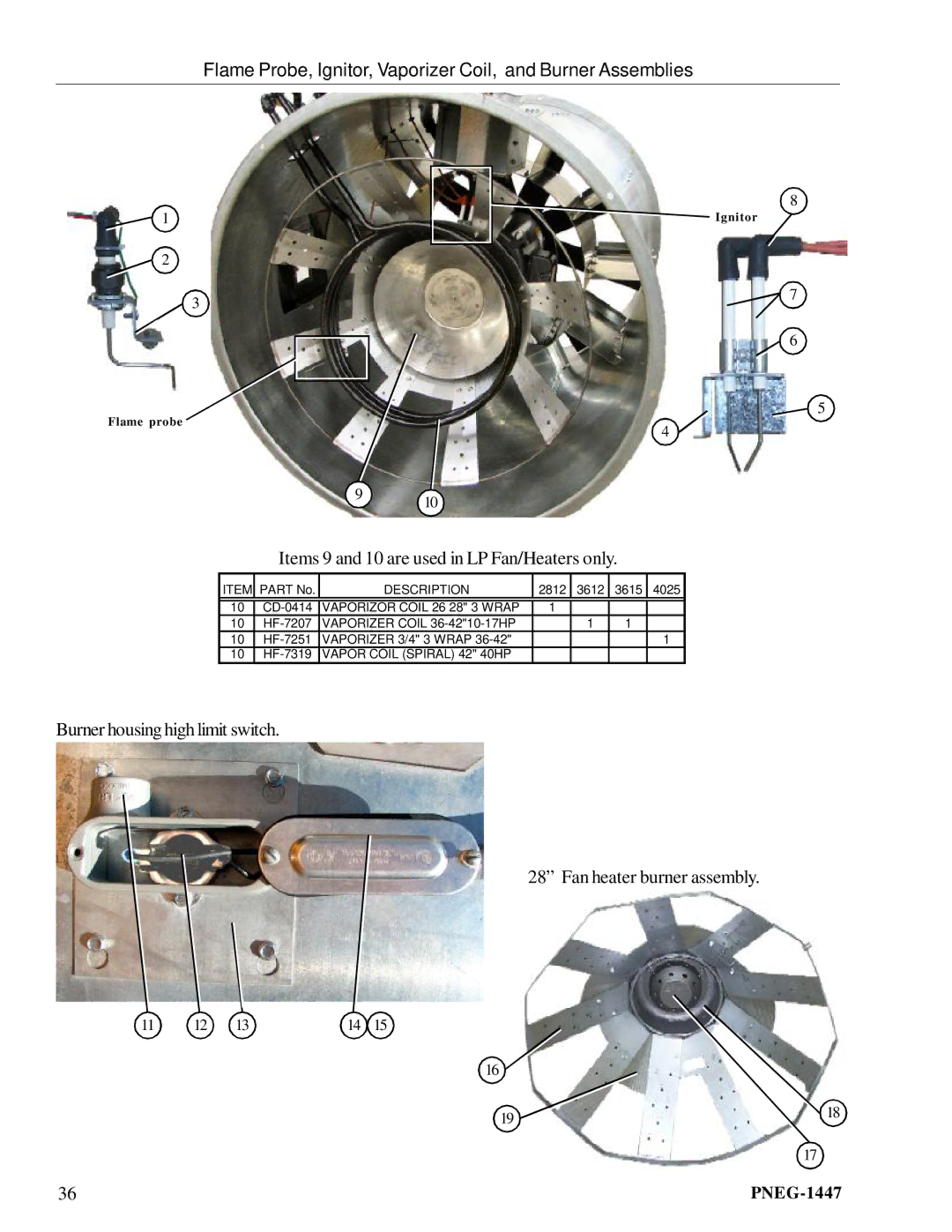 GSI Outdoors PNEG-1447 manual Flame Probe, Ignitor, Vaporizer Coil, and Burner Assemblies, Burner housing high limit switch 