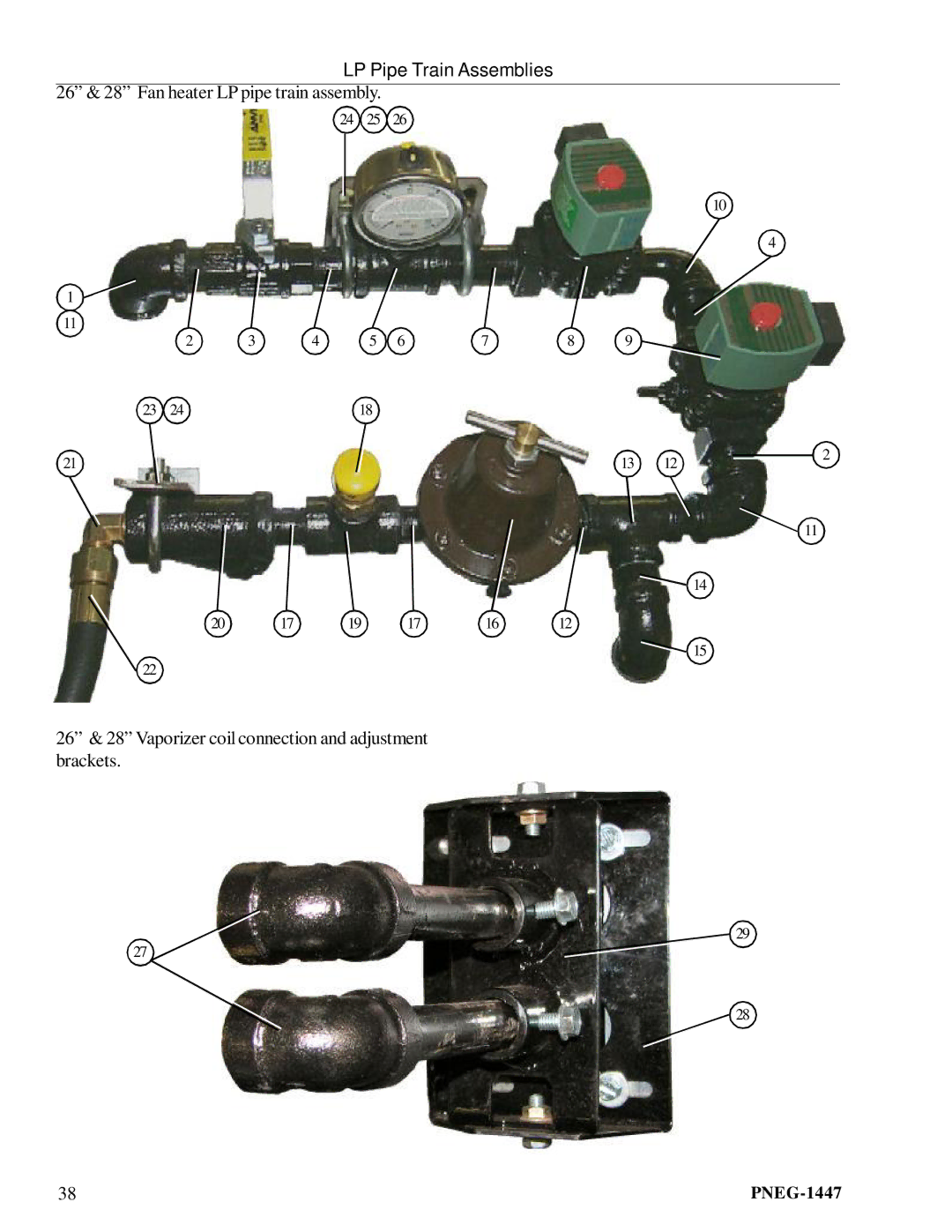 GSI Outdoors PNEG-1447 manual LP Pipe Train Assemblies, 26 & 28 Fan heater LP pipe train assembly 