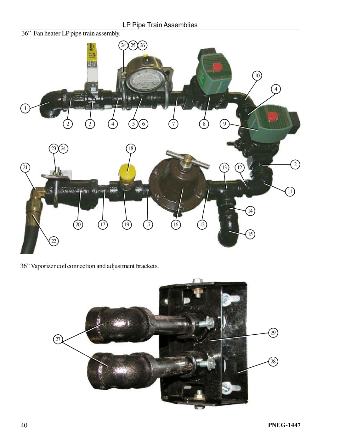 GSI Outdoors PNEG-1447 manual Fan heater LP pipe train assembly, Vaporizer coil connection and adjustment brackets 