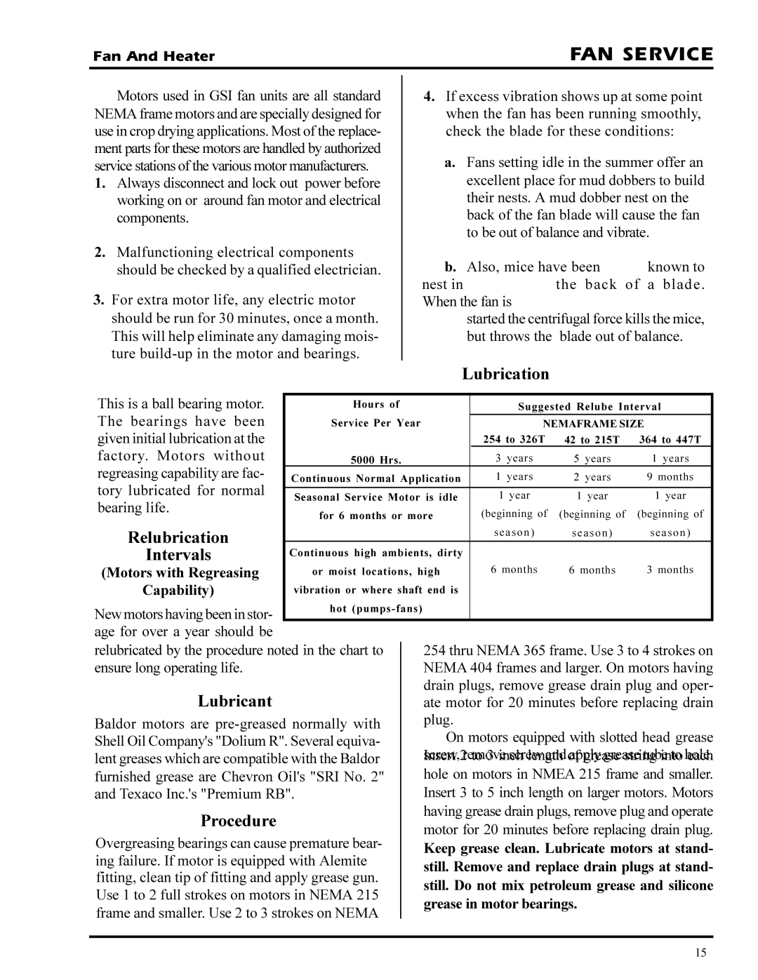 GSI Outdoors PNEG-377 service manual FAN Service, Lubricant, Motors with Regreasing, Grease in motor bearings 