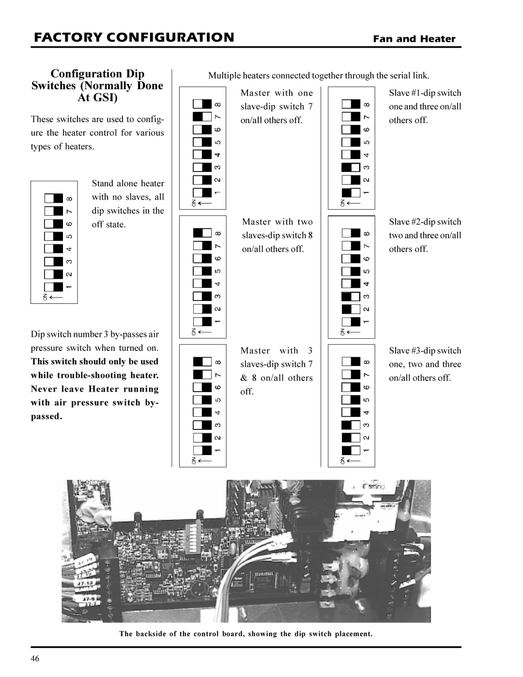 GSI Outdoors PNEG-377 service manual Factory Configuration, Configuration Dip Switches Normally Done, At GSI 