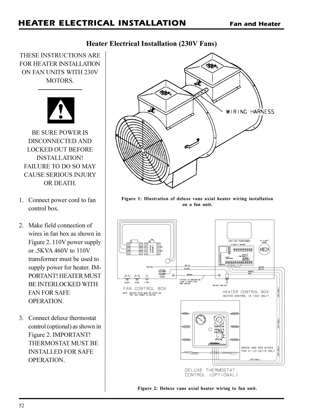 GSI Outdoors PNEG-377 service manual Heater Electrical Installation 230V Fans, Connect power cord to fan control box 