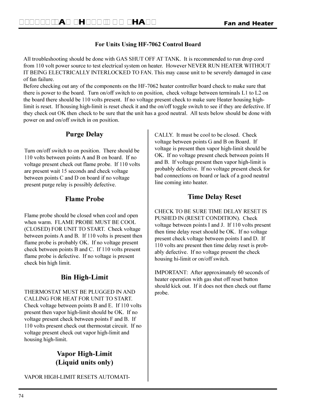 GSI Outdoors PNEG-377 service manual Electrical CHECK-OUT Chart, Purge Delay, Flame Probe, Bin High-Limit, Time Delay Reset 