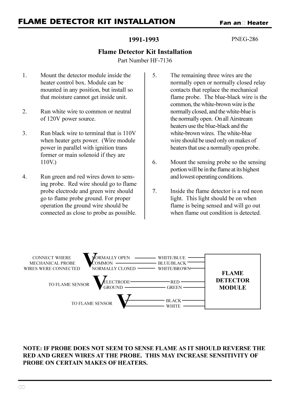 GSI Outdoors PNEG-377 service manual Flame Detector KIT Installation, 1991-1993PNEG-286 Flame Detector Kit Installation 