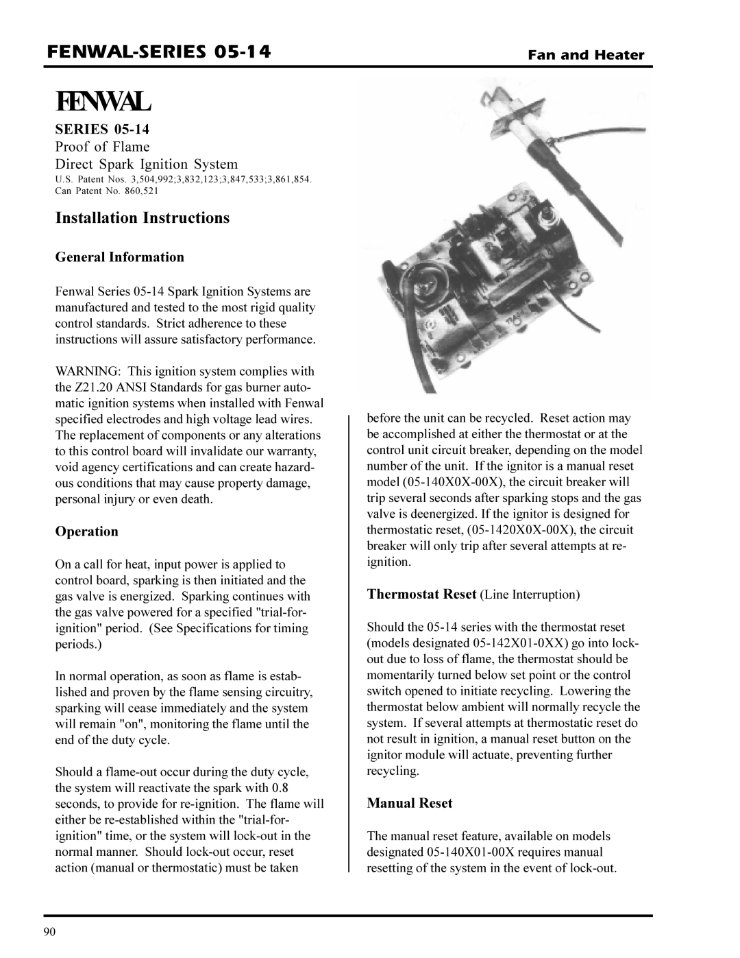 GSI Outdoors PNEG-377 service manual Fenwal-Series, Installation Instructions, General Information, Manual Reset 