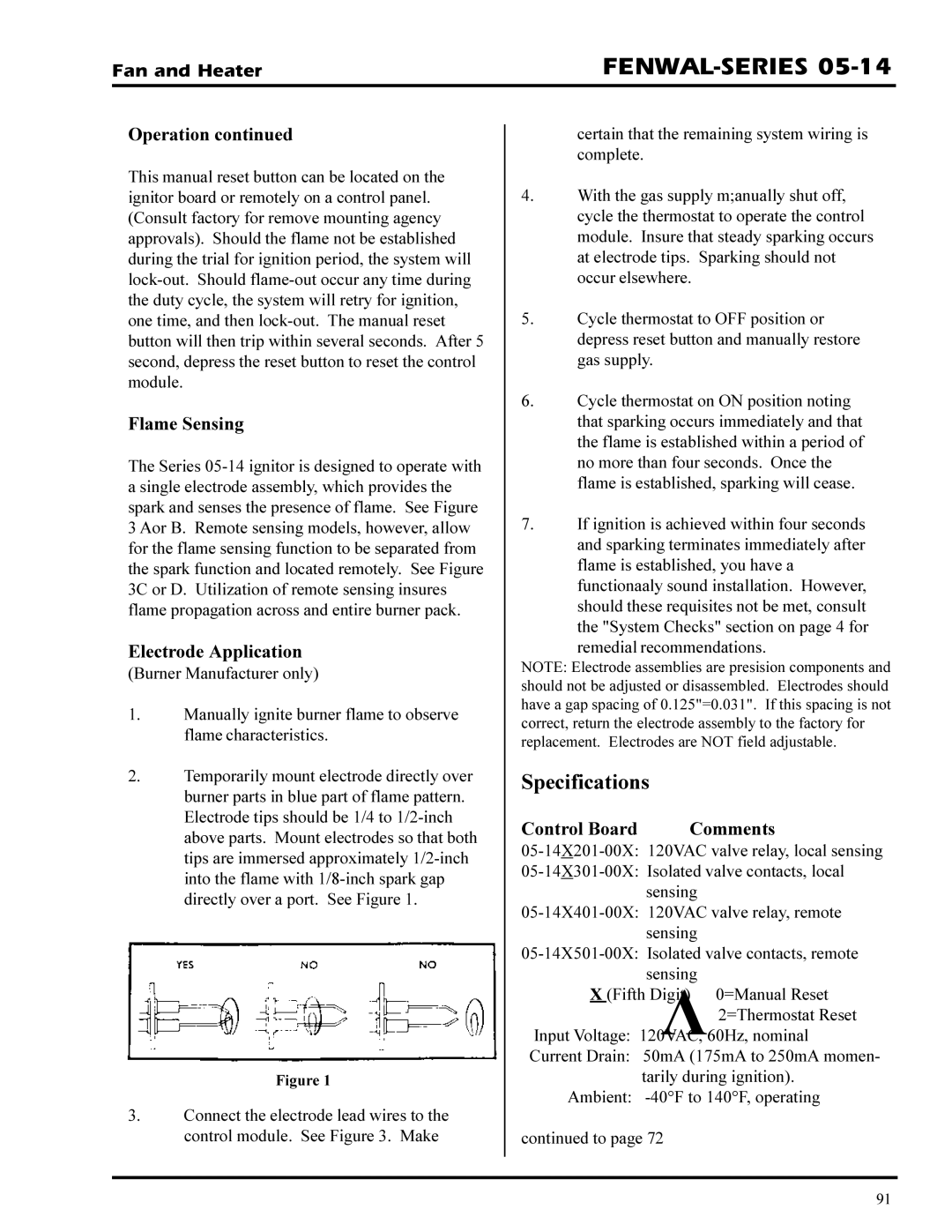 GSI Outdoors PNEG-377 service manual Specifications, Flame Sensing, Electrode Application, Control Board Comments 