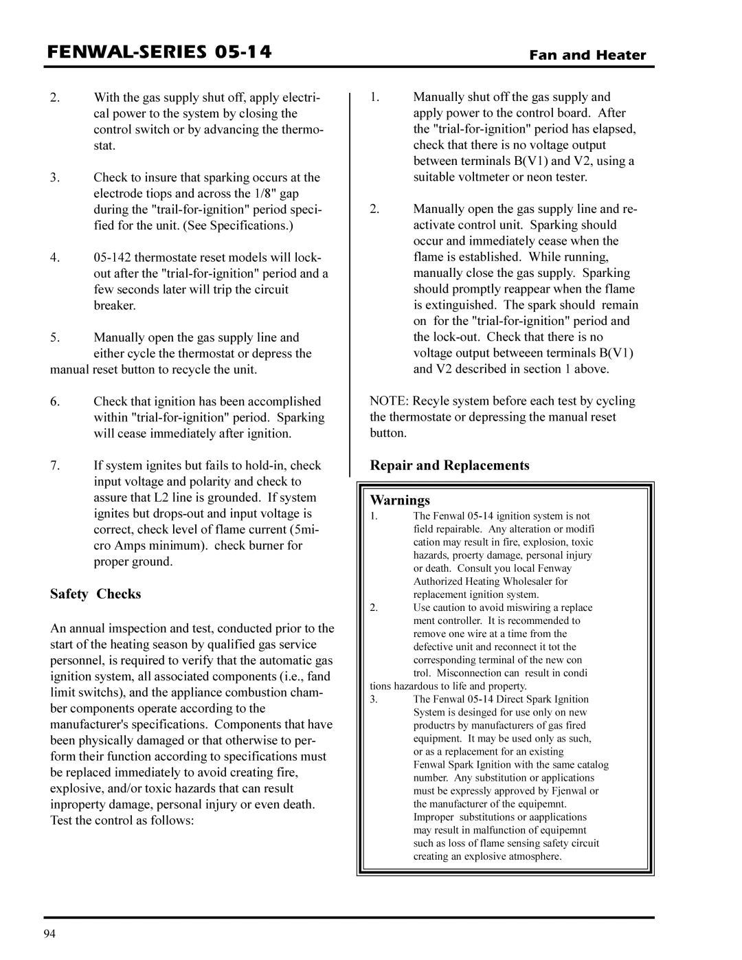 GSI Outdoors PNEG-377 service manual Safety Checks, Repair and Replacements 