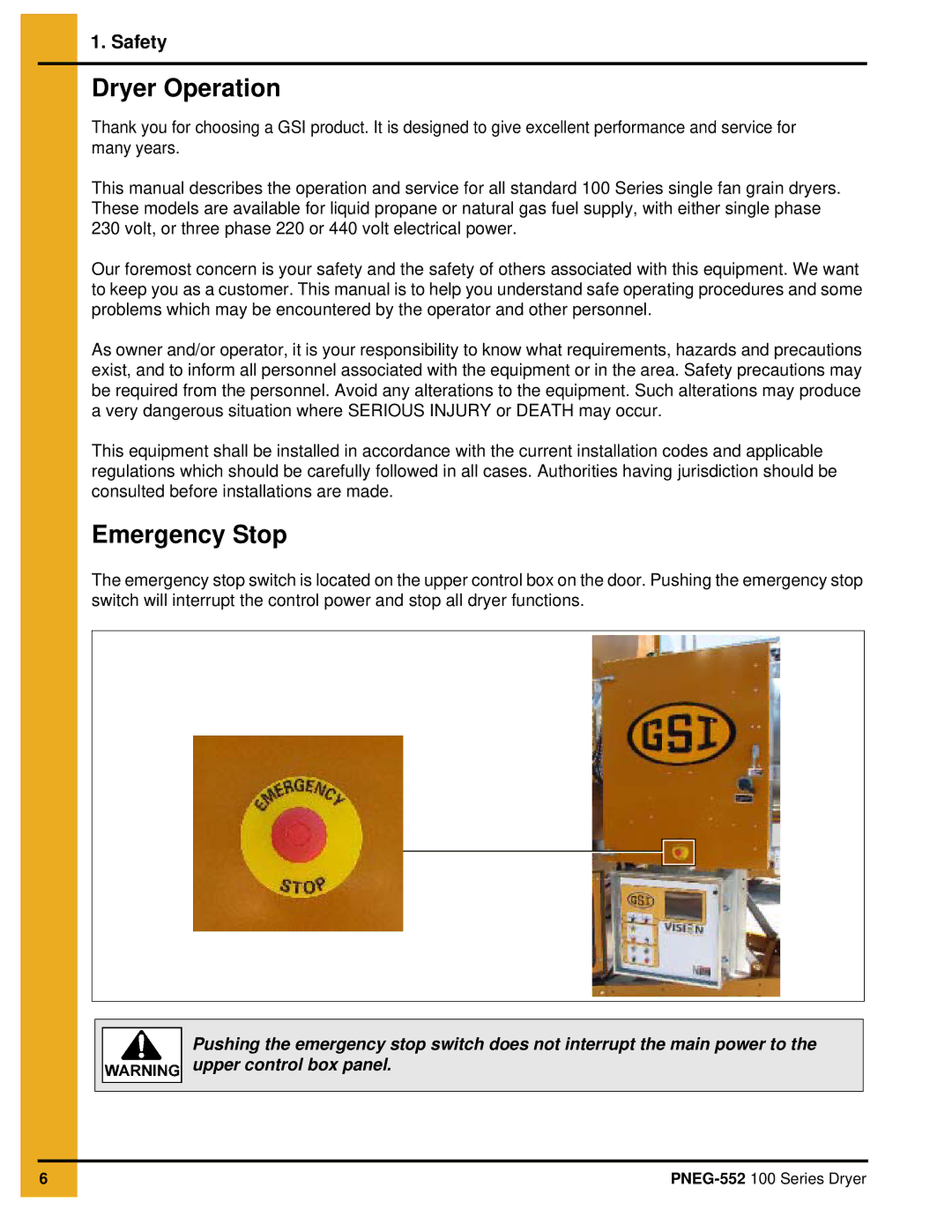 GSI Outdoors PNEG-552 service manual Dryer Operation, Emergency Stop 