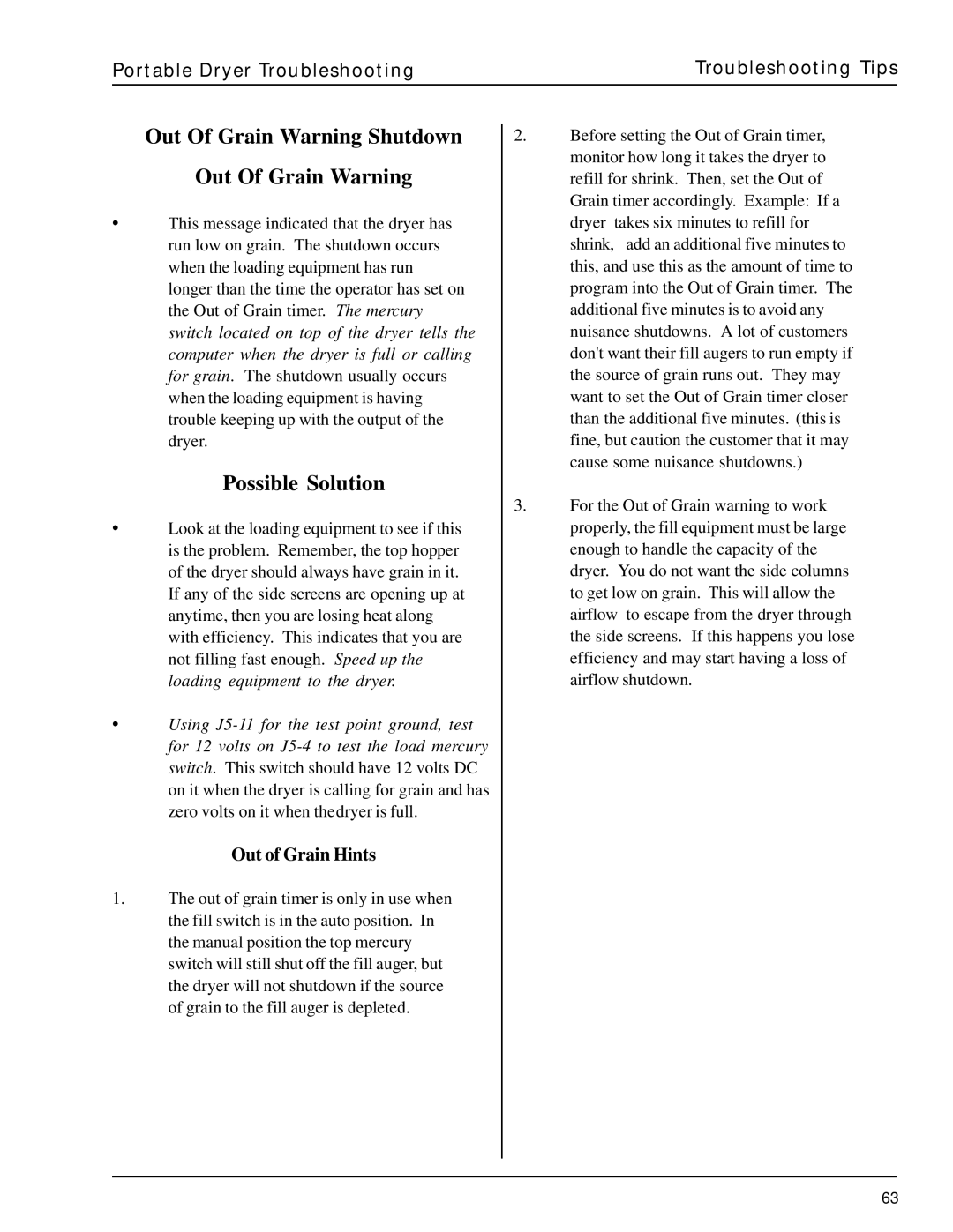 GSI Outdoors PNEG-630 manual Out Of Grain Warning Shutdown, Possible Solution 