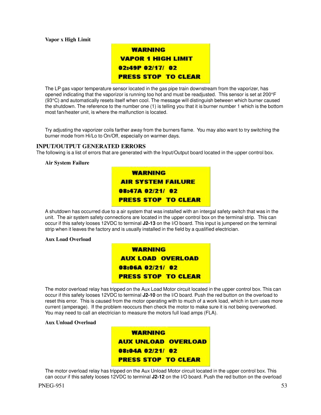 GSI Outdoors PNEG-951 manual INPUT/OUTPUT Generated Errors, Vapor x High Limit, Air System Failure, Aux Load Overload 
