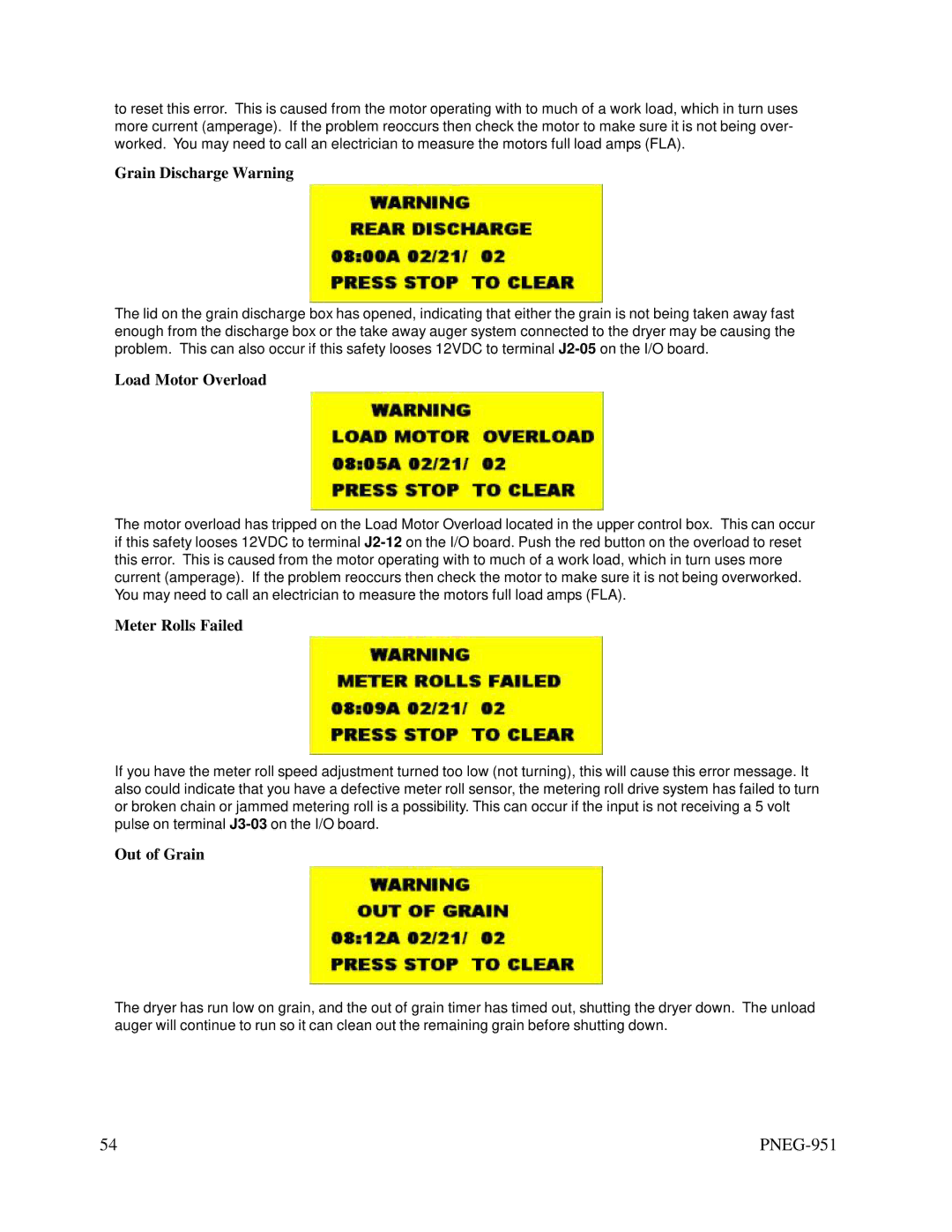 GSI Outdoors PNEG-951 manual Grain Discharge Warning, Load Motor Overload, Meter Rolls Failed, Out of Grain 