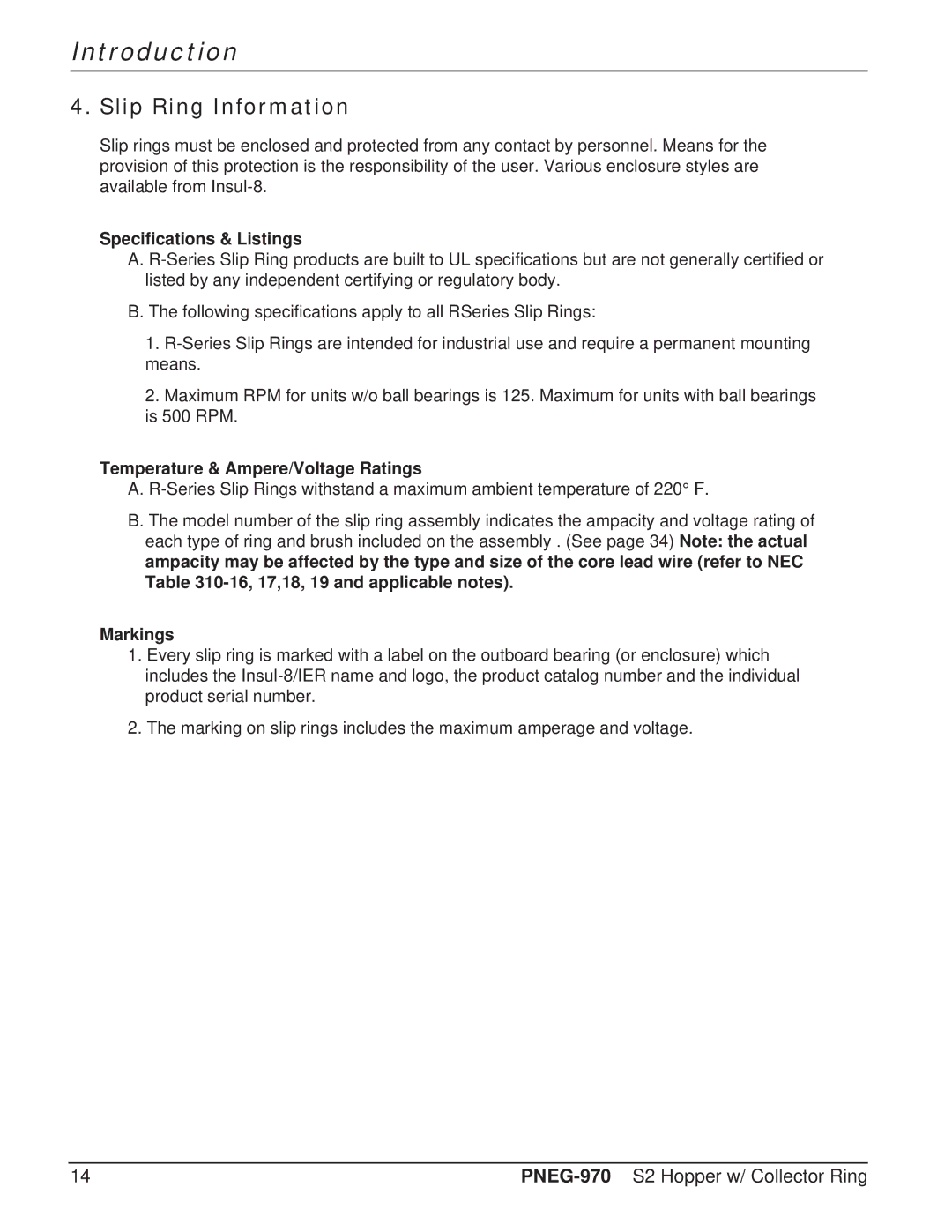 GSI Outdoors PNEG-970 operation manual Slip Ring Information, Specifications & Listings 