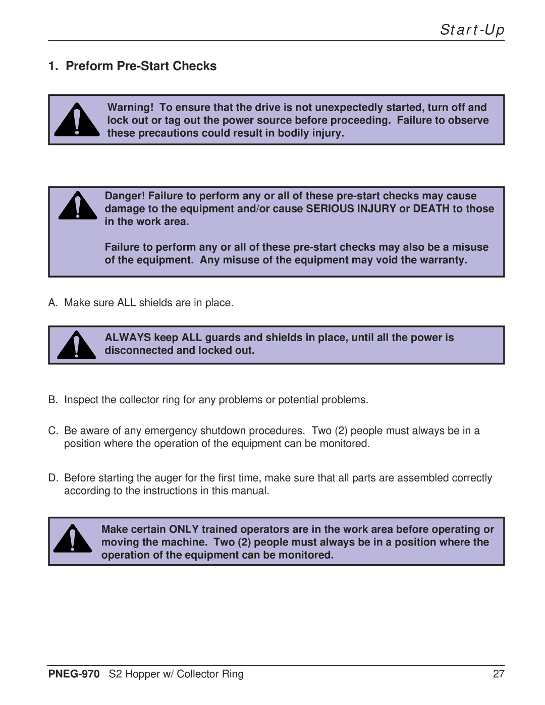 GSI Outdoors PNEG-970 operation manual Start-Up, Preform Pre-Start Checks 