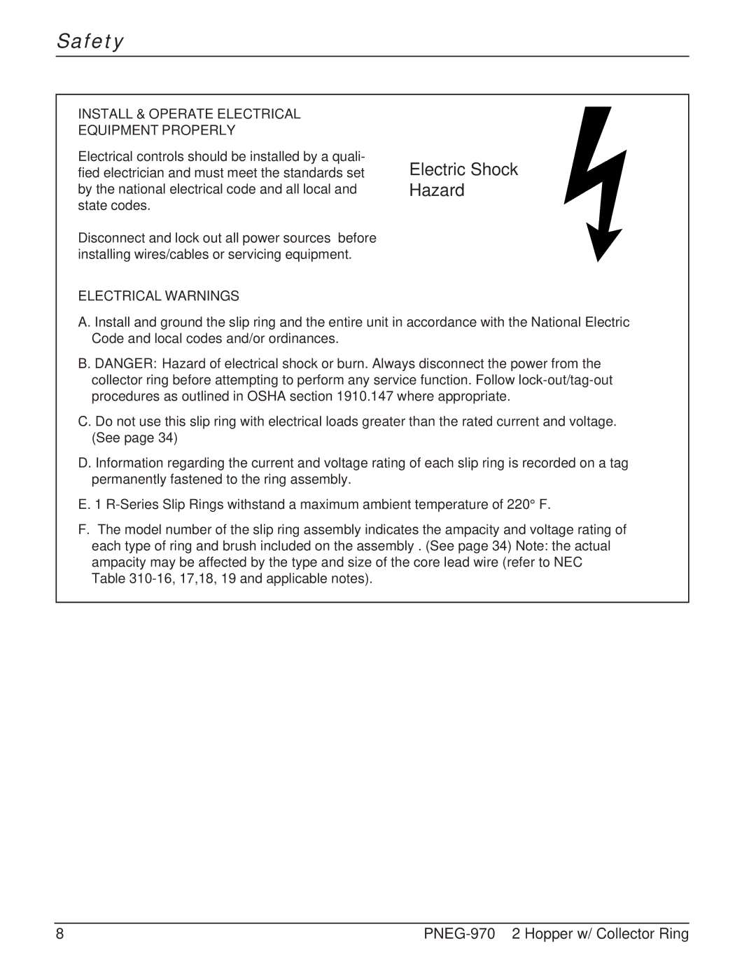 GSI Outdoors PNEG-970 operation manual Electric Shock Hazard, Install & Operate Electrical Equipment Properly 