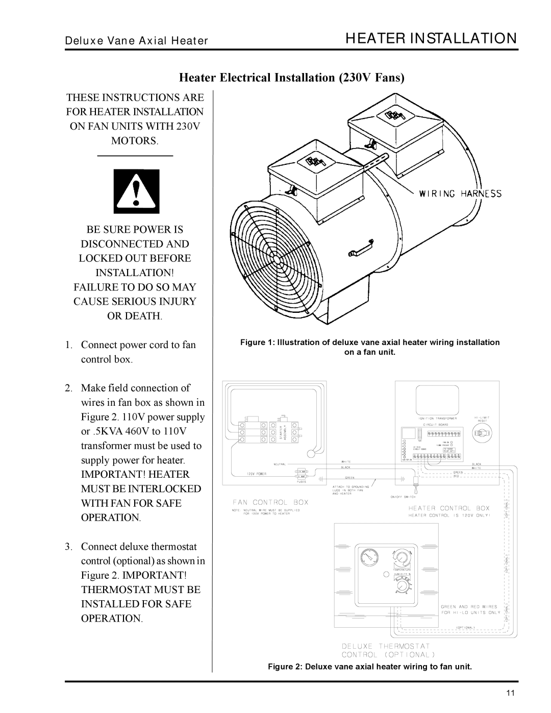 GSI Outdoors VHC, VLC owner manual Heater Electrical Installation 230V Fans, Deluxe vane axial heater wiring to fan unit 