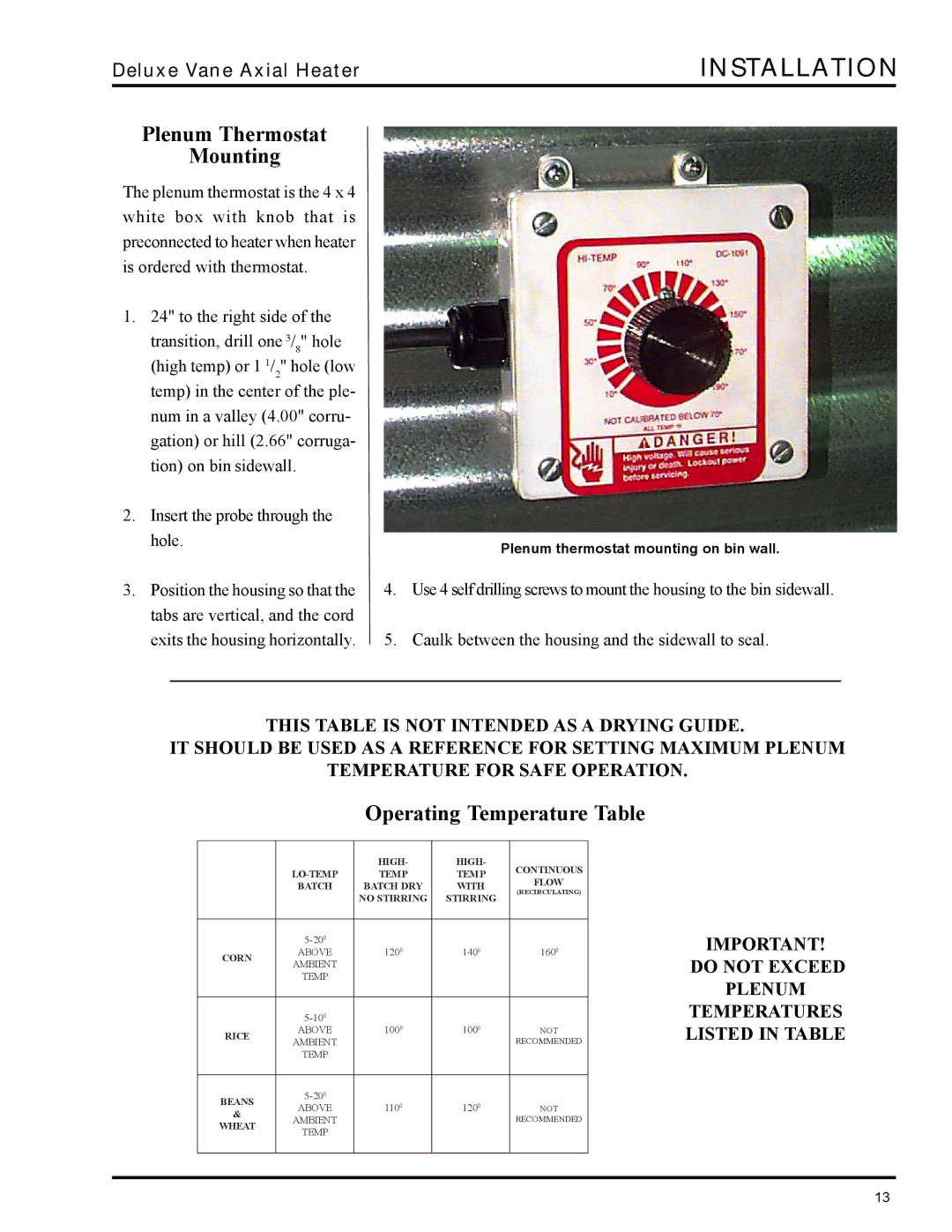 GSI Outdoors VHC, VLC owner manual Plenum Thermostat Mounting, Operating Temperature Table 