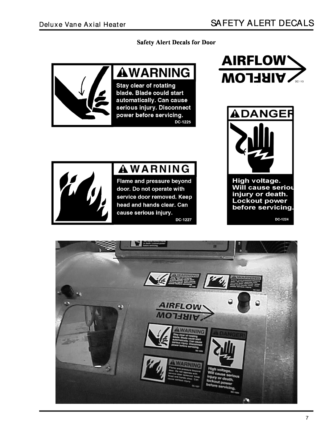 GSI Outdoors VHC, VLC owner manual Danger, Deluxe Vane Axial Heater, Safety Alert Decals for Door, DC-1224 