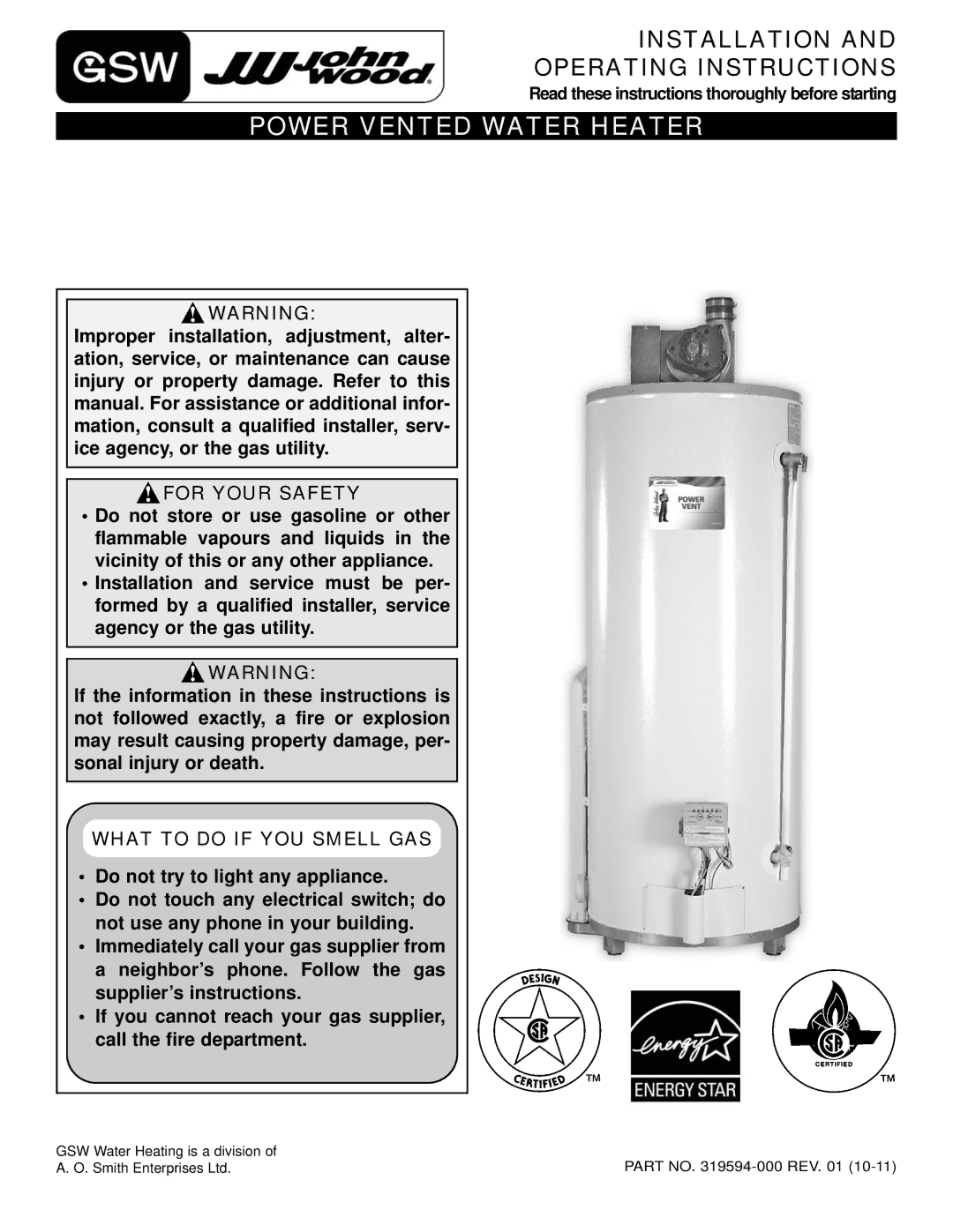 GSW 319594-000 manual For Your Safety, What to do if YOU Smell GAS 