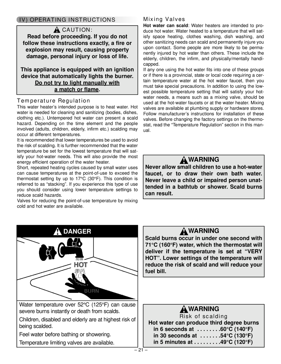 GSW 319594-000 manual IV Operating Instructions Caution, Mixing Valves, Risk of scalding 