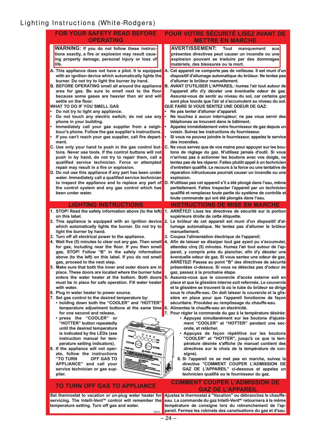 GSW 319594-000 manual Lighting Instructions White-Rodgers 