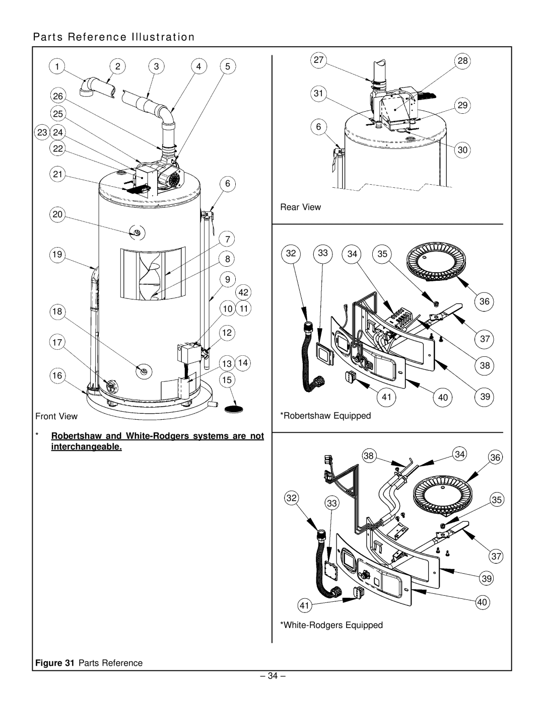 GSW 319594-000 manual Parts Reference Illustration, Robertshaw and White-Rodgers systems are not Interchangeable 