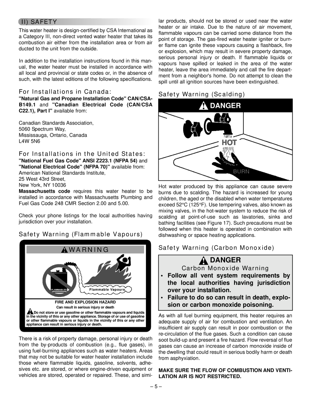 GSW 319594-000 II Safety, For Installations in Canada, For Installations in the United States, Safety Warning Scalding 