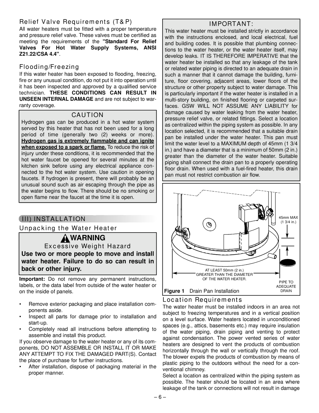 GSW 319594-000 manual Relief Valve Requirements T&P, Flooding/Freezing, Location Requirements 