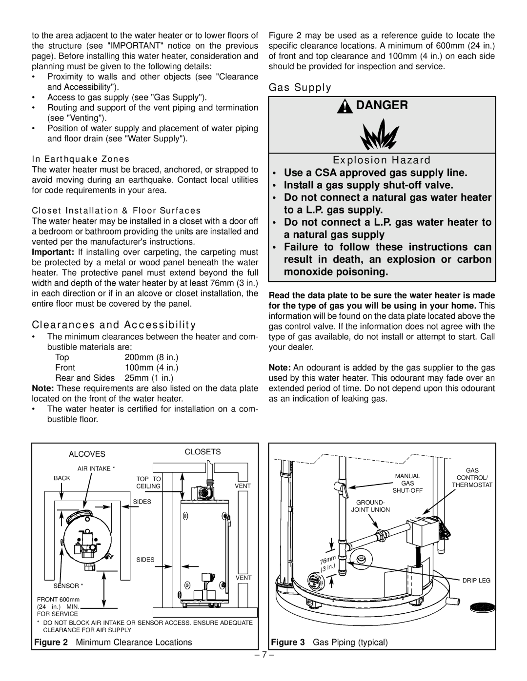 GSW 319594-000 manual Clearances and Accessibility, Earthquake Zones, Closet Installation & Floor Surfaces 