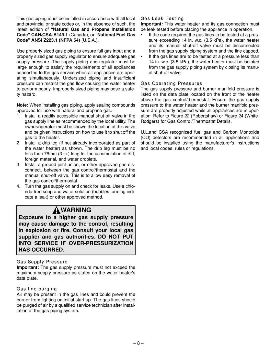 GSW 319594-000 manual Gas Supply Pressure, Gas line purging, Gas Leak Testing, Gas Operating Pressures 