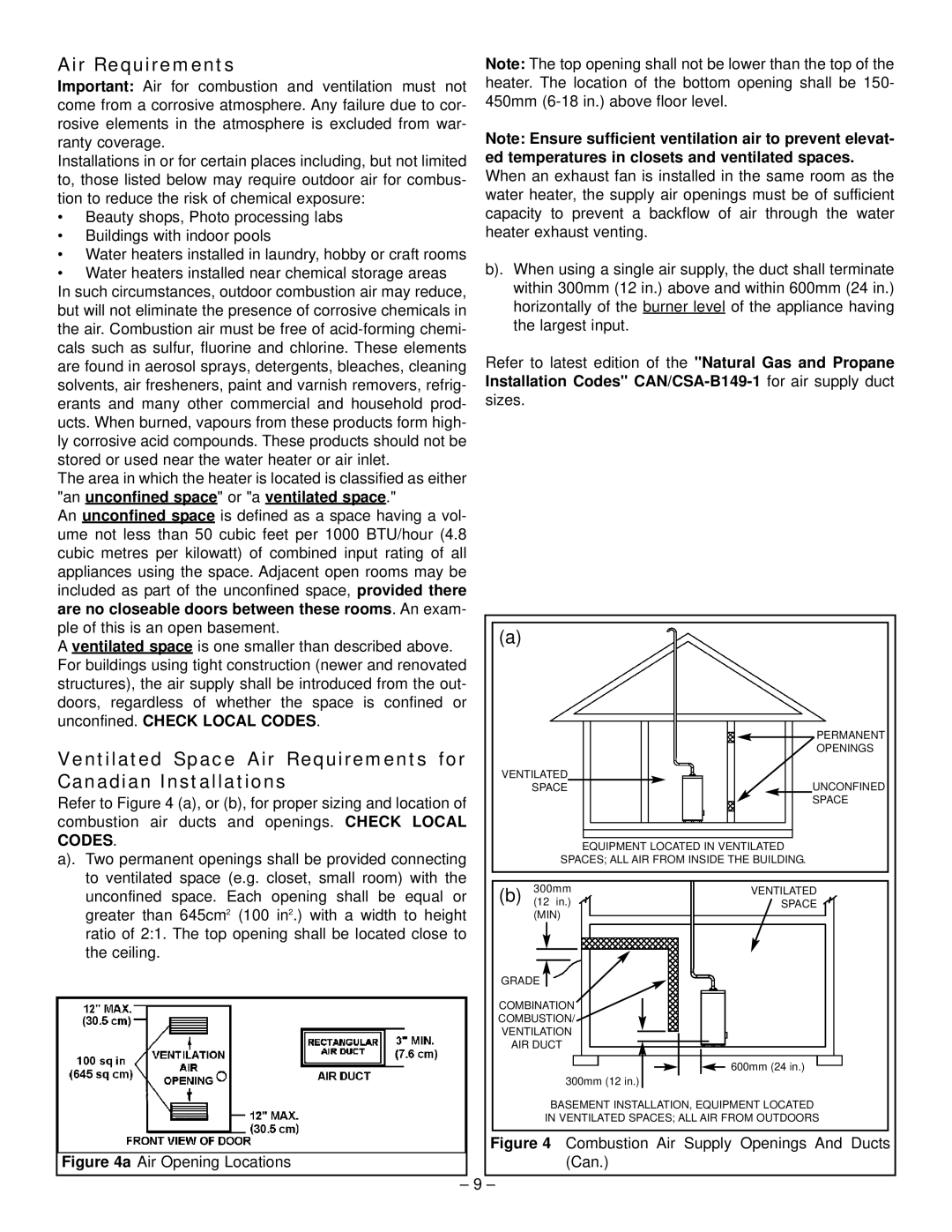 GSW 319594-000 manual Ventilated Space Air Requirements for, Canadian Installations 