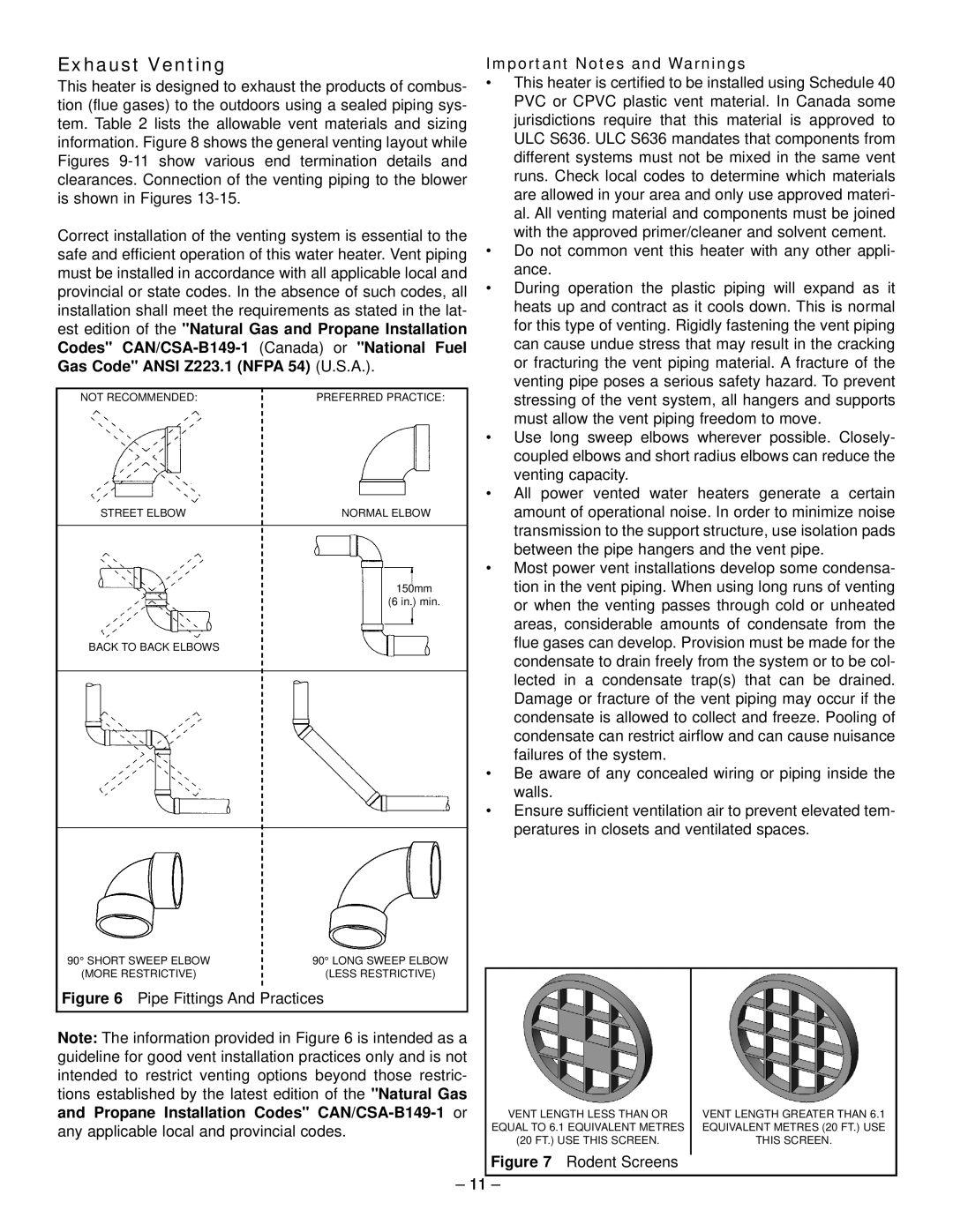 GSW 319594-000 manual Exhaust Venting, Important Notes and Warnings, Codes CAN/CSA-B149-1 Canada or National Fuel 