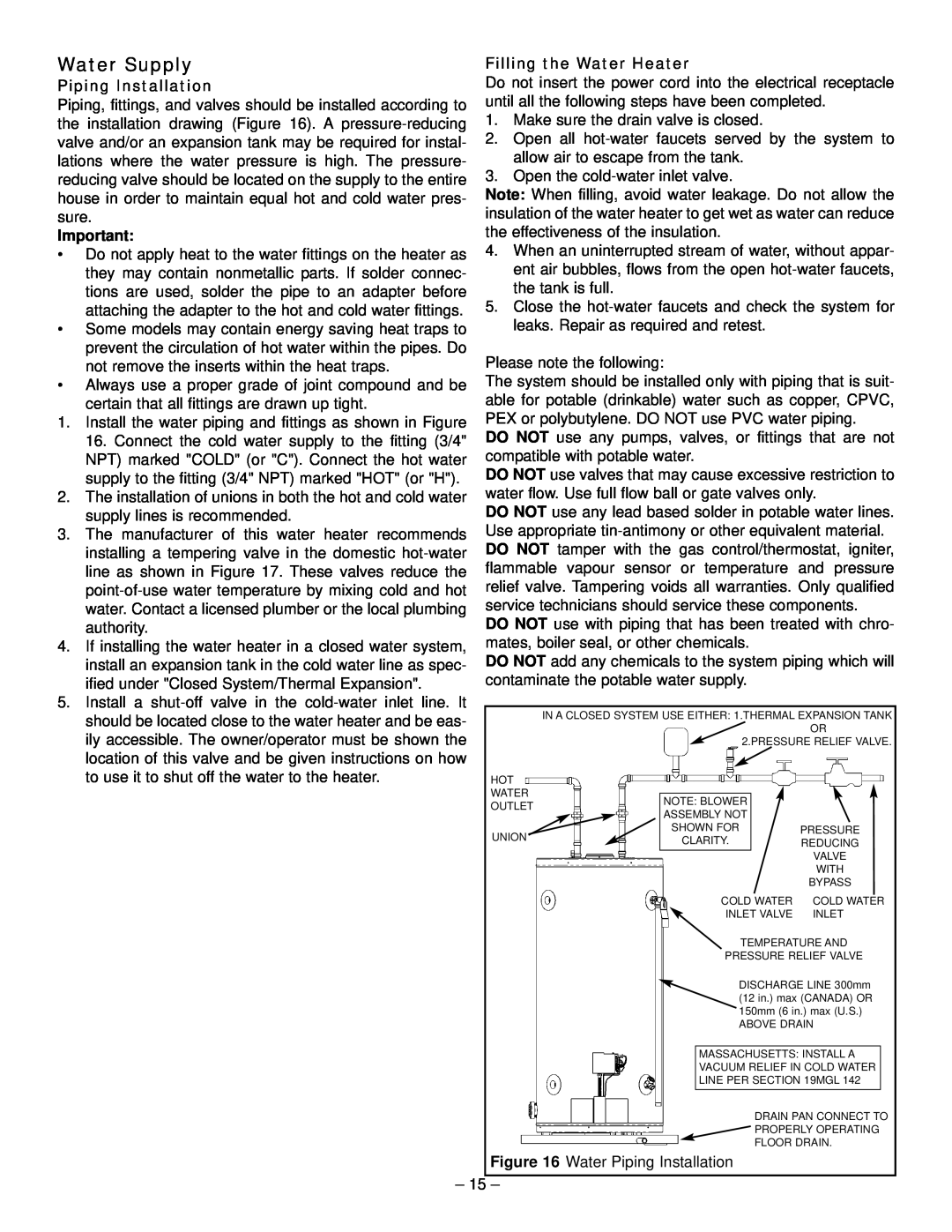 GSW 319594-000 manual Water Supply, Filling the Water Heater, Piping Installation 