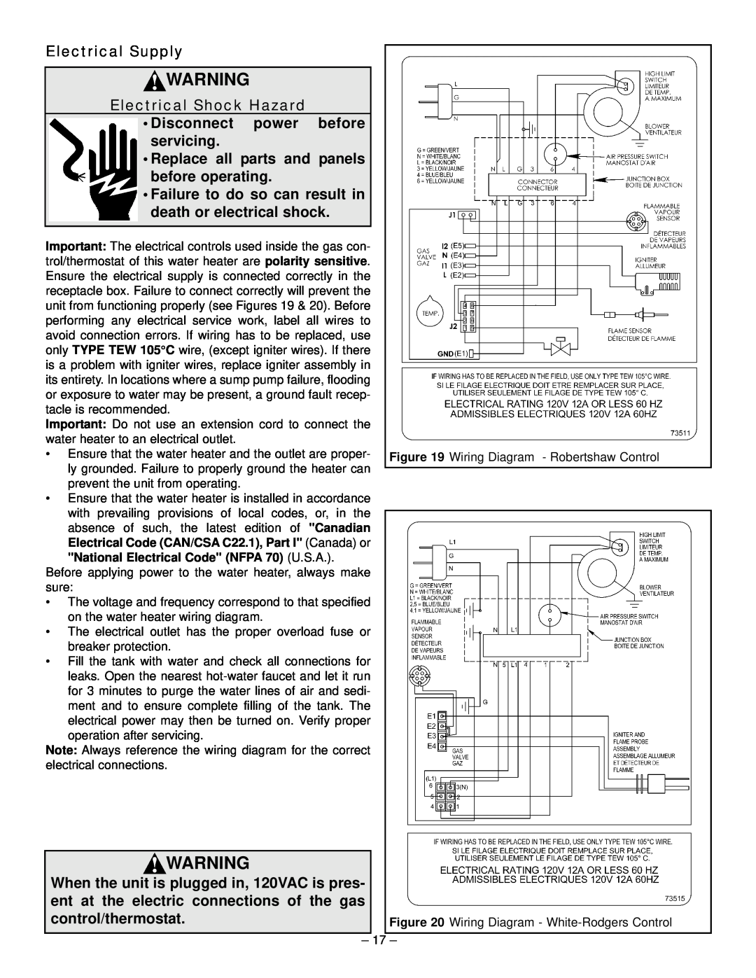 GSW 319594-000 manual Electrical Supply, Electrical Shock Hazard, Disconnect power before servicing, control/thermostat 