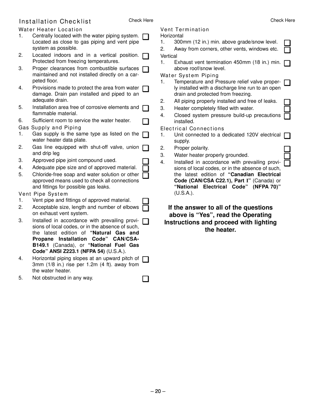 GSW 319594-000 Installation Checklist, Water Heater Location, Gas Supply and Piping, Vent Pipe System, Vent Termination 