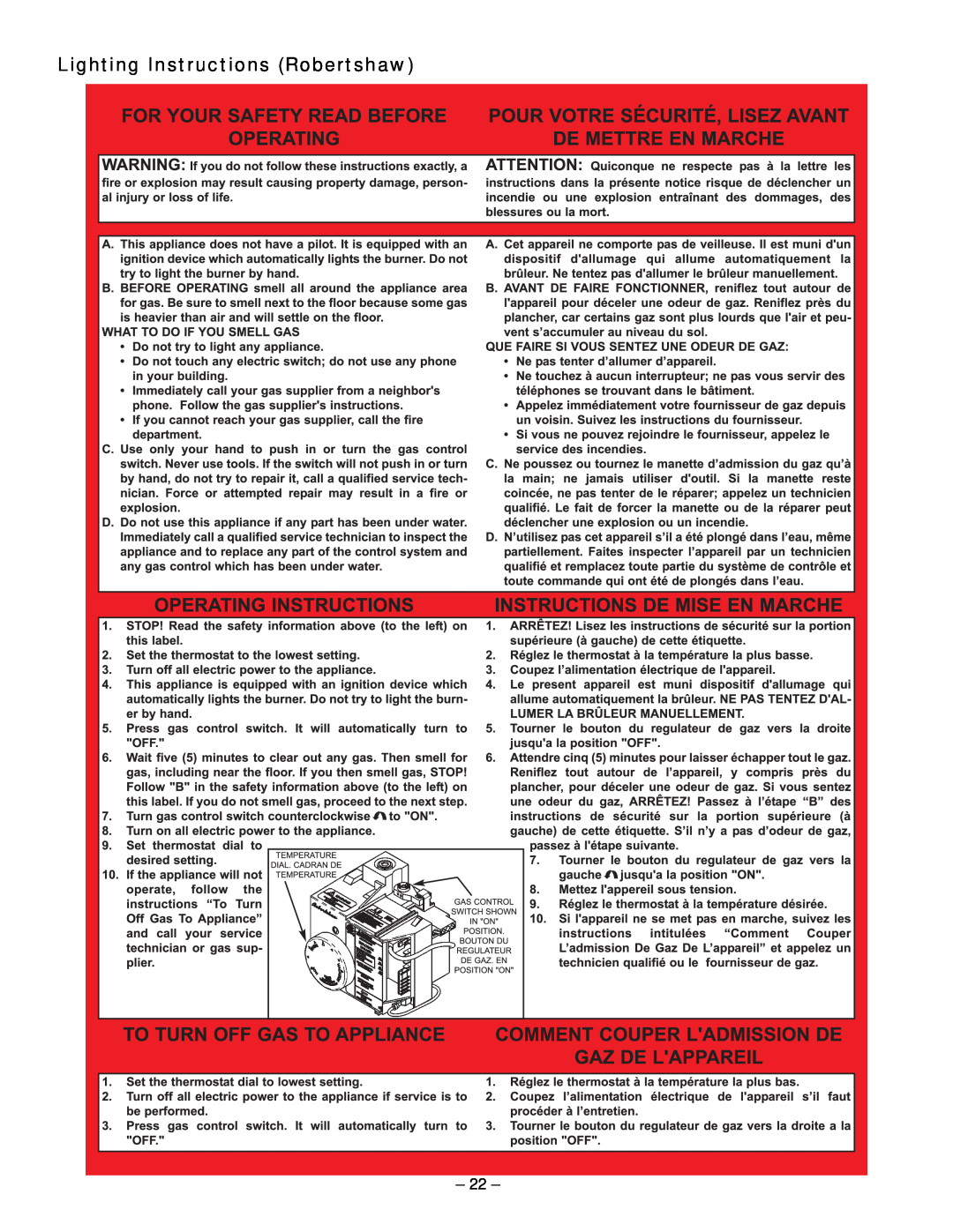 GSW 319594-000 manual Lighting Instructions Robertshaw 