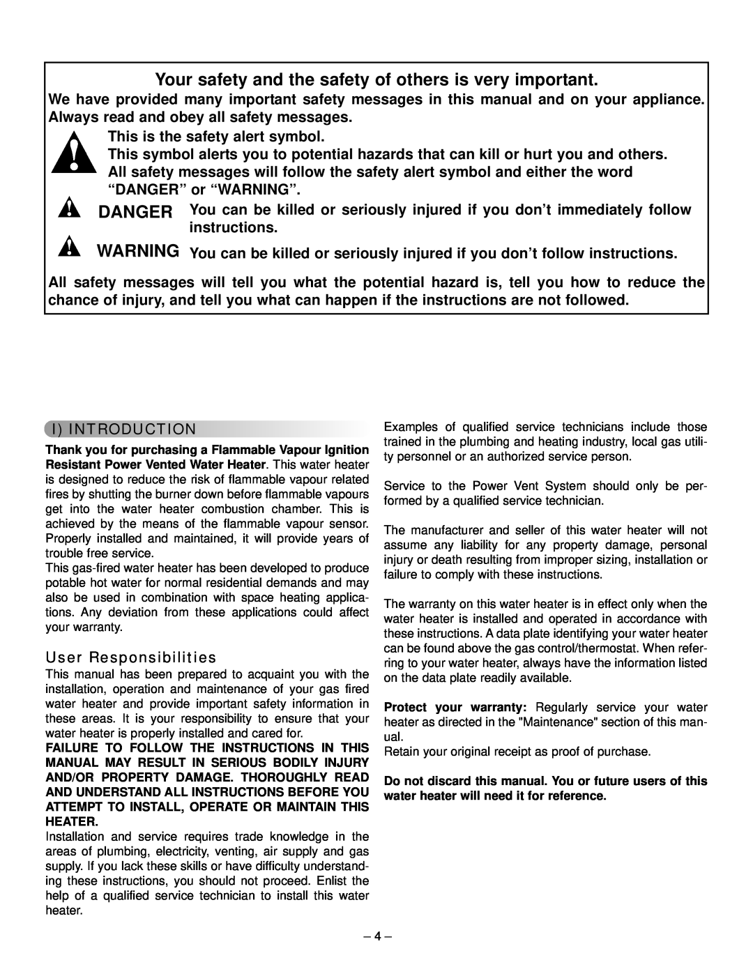 GSW 319594-000 manual This is the safety alert symbol, I Introduction, User Responsibilities 