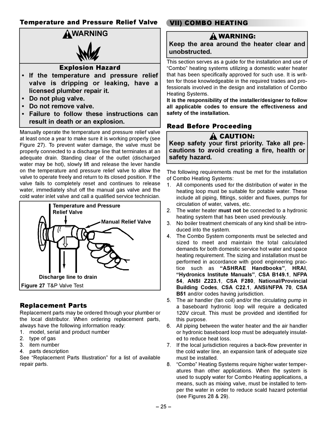 GSW 5065 manual Replacement Parts, VII Combo Heating, Keep the area around the heater clear and unobstructed 