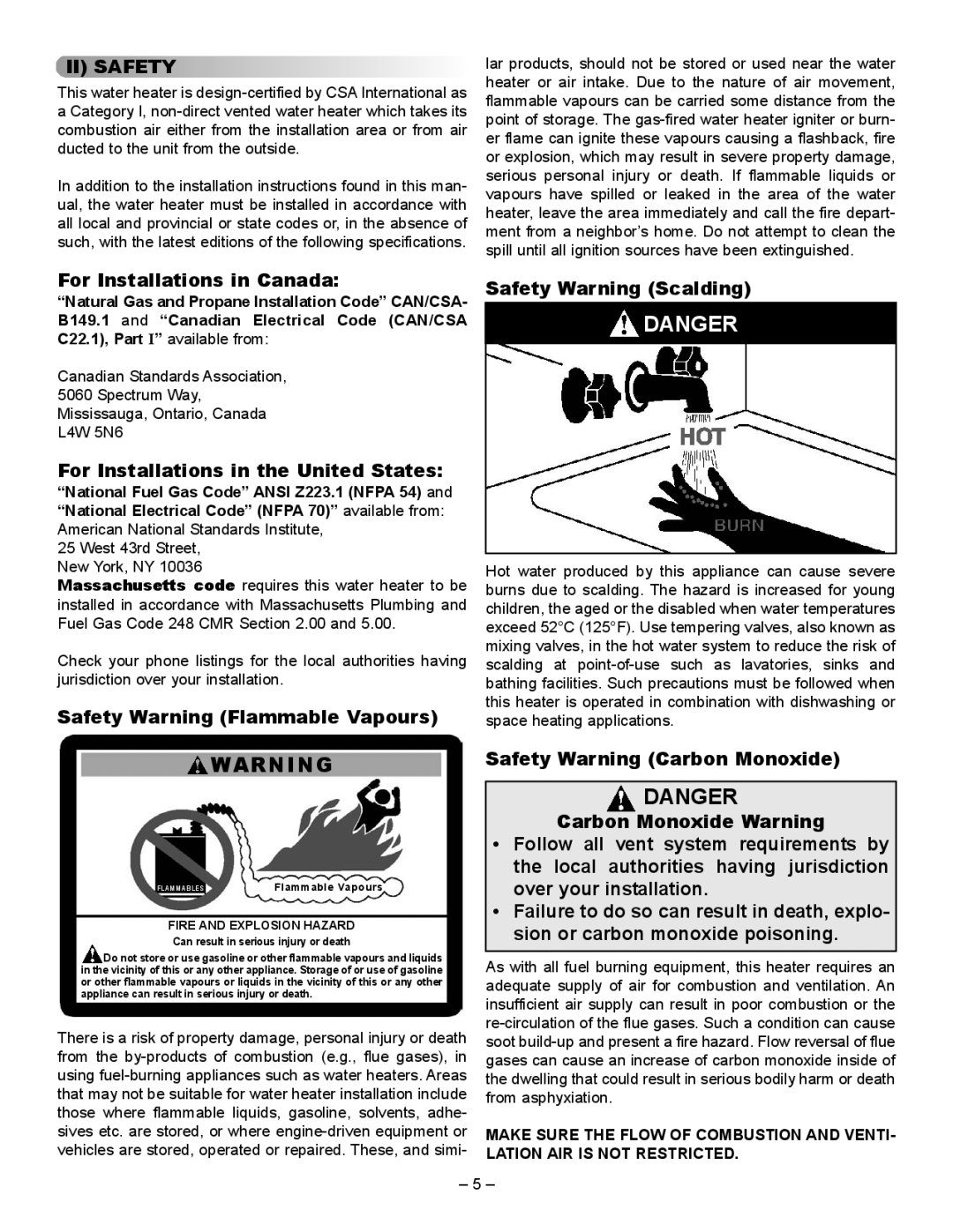 GSW 5065 II Safety, For Installations in Canada, For Installations in the United States, Safety Warning Flammable Vapours 