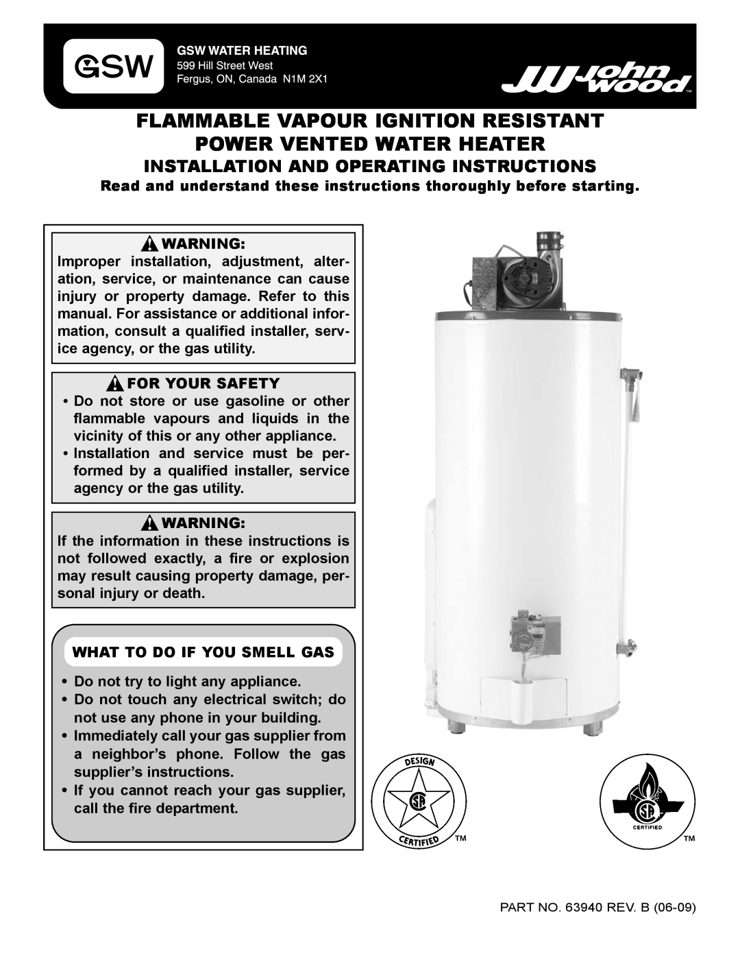 GSW 5065 manual Flammable Vapour Ignition Resistant, Power Vented Water Heater, Installation And Operating Instructions 
