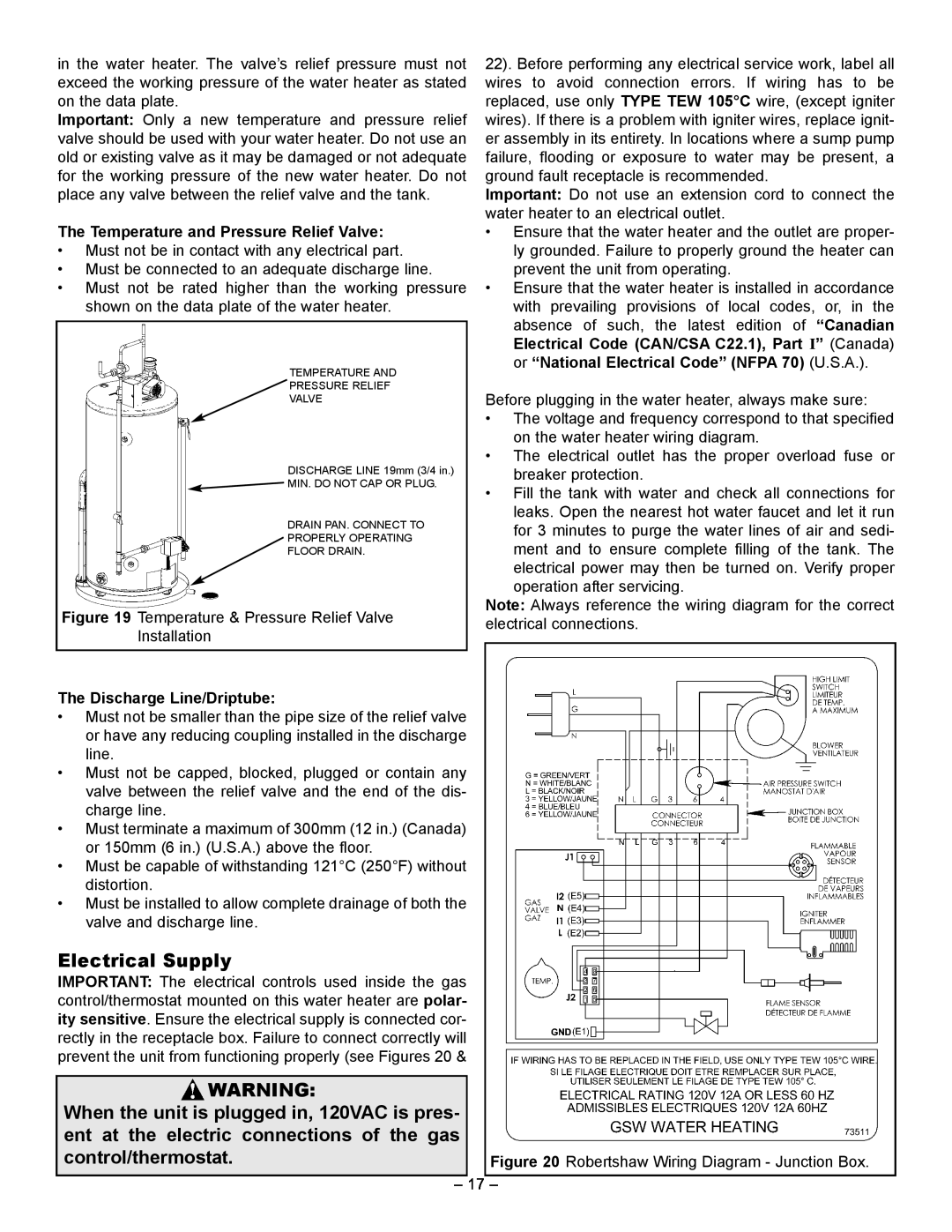 GSW 5065 manual Electrical Supply, When the unit is plugged in, 120VAC is pres, ent at the electric connections of the gas 