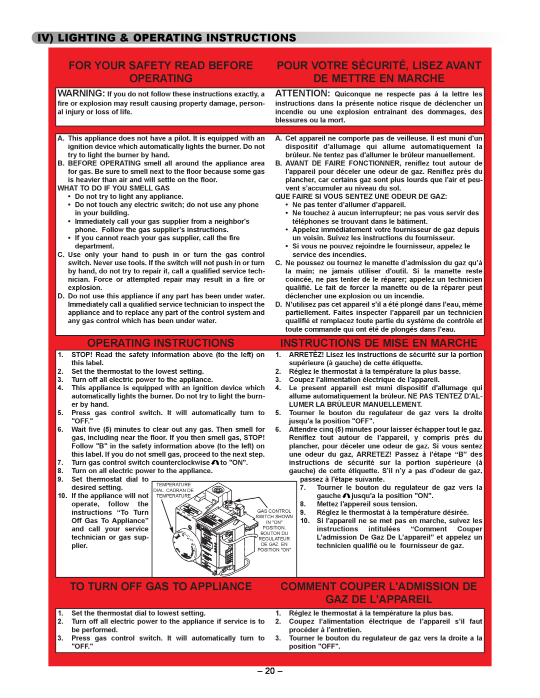 GSW 5065 manual Iv Lighting & Operating Instructions, For Your Safety Read Before, Pour Votre Sécurité, Lisez Avant 