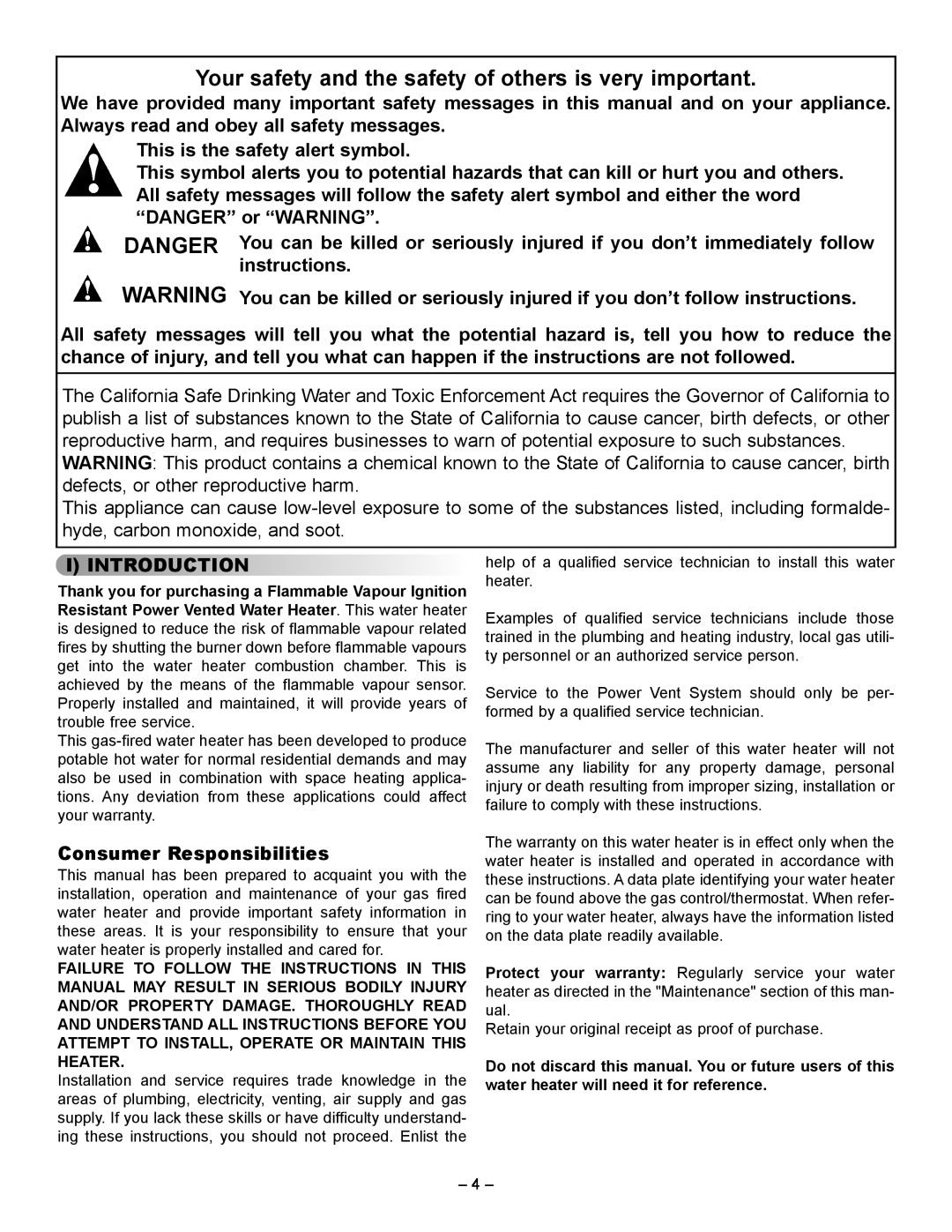 GSW 5065 manual This is the safety alert symbol, I Introduction, Consumer Responsibilities 
