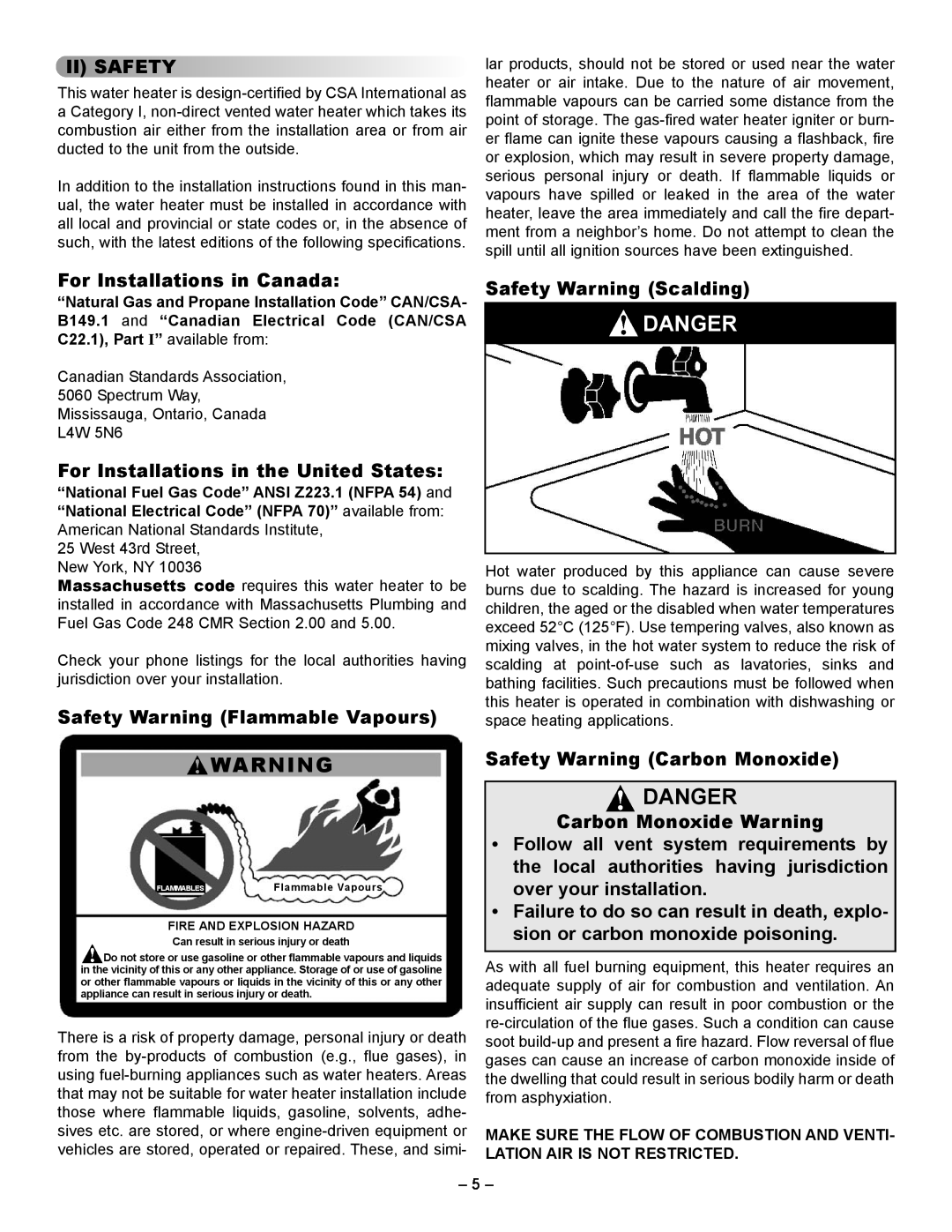 GSW 5065 Danger, Ii Safety, For Installations in Canada, For Installations in the United States, Safety Warning Scalding 